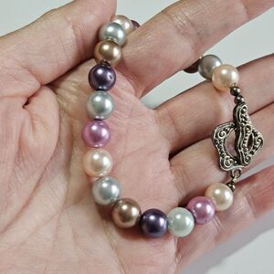 Pastel Green, Pink And Purple Faux Pearl Beaded Toggle Bracelet 7"